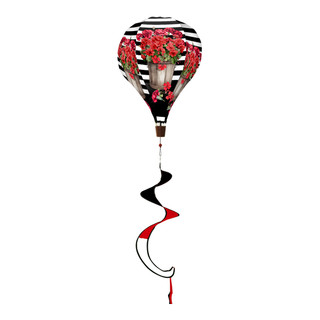 Striped Geraniums Hot Air Balloon Spinner with red flowers and black, white, and red ribbons.