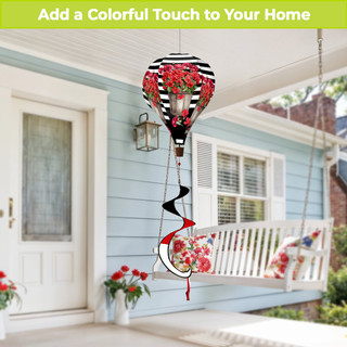 Striped Geraniums Hot Air Balloon Spinner with red flowers and black stripes outdoor porch decoration.