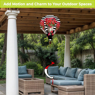 Striped Geraniums Hot Air Balloon Spinner outdoor decorative item with red flowers and black white stripes.