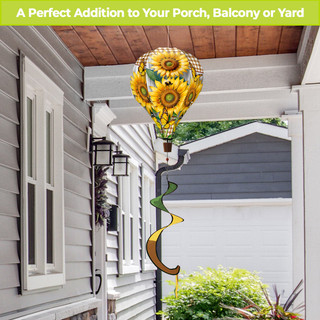 Sunflower Duo Hot Air Balloon Spinner outdoor decoration with yellow sunflowers and green spiral design.