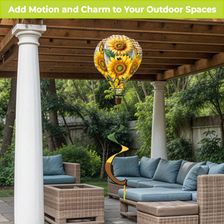 Sunflower Duo Hot Air Balloon Spinner, yellow and brown outdoor decorative spinner with sunflower design.