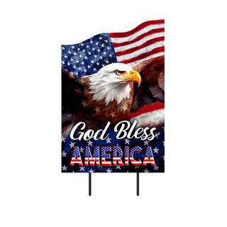 God Bless American Eagle Metal Art sign with eagle and flag design, patriotic garden decor.