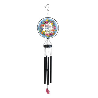 Bless This Home With Love Illuminated Wind Chime with floral design and black metal tubes hanging.
