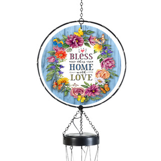 Bless This Home With Love Illuminated Wind Chime with floral design and hanging metal frame.