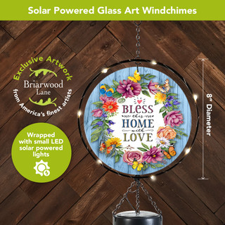 Bless This Home With Love Illuminated Wind Chime, solar powered glass art with colorful floral design.