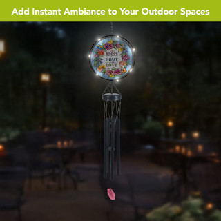 Bless This Home With Love illuminated wind chime with floral design and lights outdoor decor.