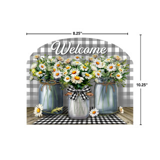 Farmhouse Jars Acrylic Art Sign with welcome, daisies, and checkered background on wooden surface decor.