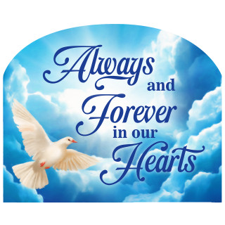 Always and Forever Doves Acrylic Art Sign with white dove flying in blue cloudy sky background.