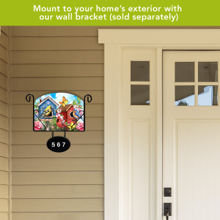 Floral Birdhouses Acrylic Art Sign with colorful bird design and house number 567 on wall bracket.
