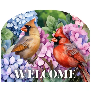 Perched Cardinals Acrylic Art Sign with colorful hydrangeas and welcome text on decorative mat.