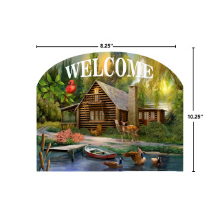 Lakeside Cabin Acrylic Art Sign, welcome cabin scene with ducks, deer and canoe, natural scenery.