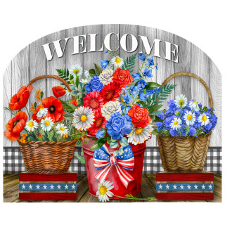 Red White and Beautiful Acrylic Art Sign with patriotic flowers and welcome message on wood background.