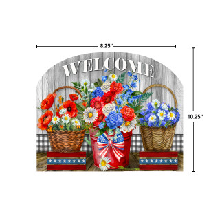 Red White and Beautiful Acrylic Art Sign with floral design and welcome text on wooden background.