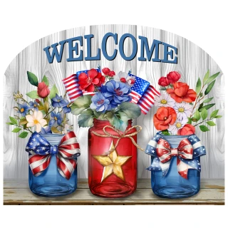 American Flowers Acrylic Art Sign with patriotic jars and floral arrangement, blue, red, white colors.