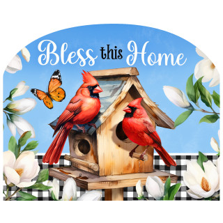 Bless This Home Cardinal Acrylic Art Sign with red cardinals, butterfly, and white flowers design.