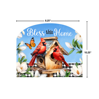 Bless This Home Cardinal Acrylic Art Sign, red cardinals, butterfly, and flowers on wooden birdhouse decoration.