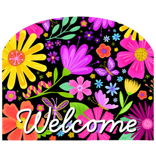 Spring Fling colorful floral acrylic art sign with vibrant flowers and welcome text on black background.