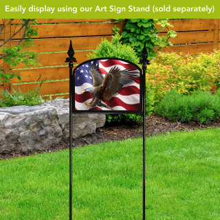 American Freedom Eagle Acrylic Art Sign on a stand with American flag background and eagle.