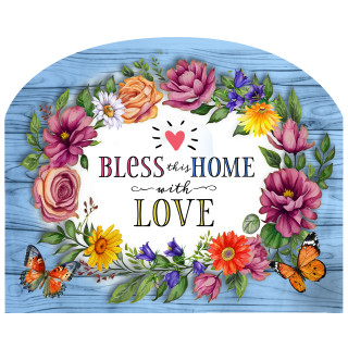 Bless This Home With Love colorful floral acrylic art sign with butterflies on a wooden background.