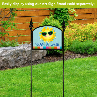 Hello Summer Sun Acrylic Art Sign on stand with colorful design and black metal frame outdoors.