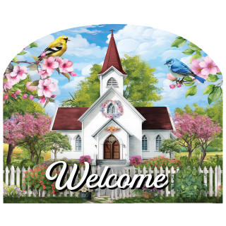 Church in Spring Acrylic Art Sign, white church with red roof, birds, and pink flowers.
