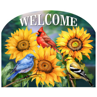 Birds in the Garden Acrylic Art Sign with sunflowers, cardinal, bluebird and yellow finch, welcome.