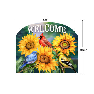 Birds in the Garden Acrylic Art Sign with sunflowers, blue, red, and yellow birds, welcome text.