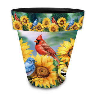 Birds in the Garden Large Planter with sunflowers, cardinals, and blue birds design.