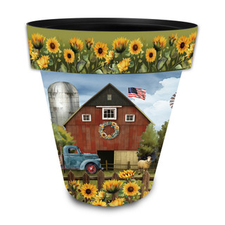 Large Sunflower Barn Planter with rural scene and sunflowers, red barn, blue truck and American flag.