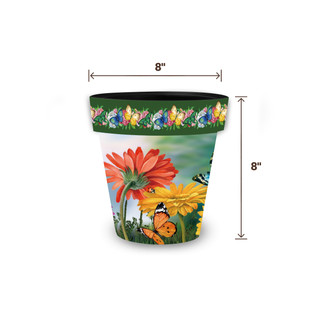 Butterflies and Daisies Small Planter, 8" tall, colorful floral design with butterflies and daisies.