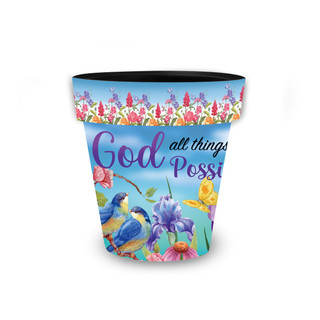 Small With God Planter with floral design, birds, and inspirational quote on blue background.