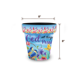 Small With God Planter, 8 inches tall and wide, colorful floral design with birds and text.