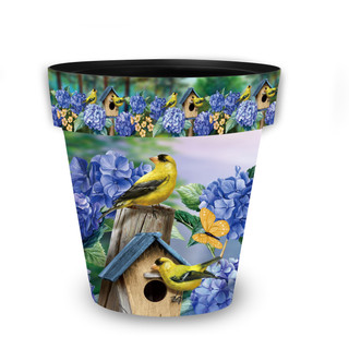 Goldfinches and Hydrangea medium planter with colorful birds, blue flowers, and wooden birdhouse design.