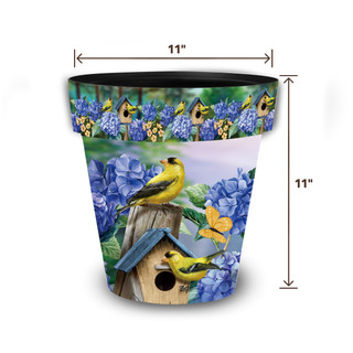 Goldfinches and Hydrangea medium planter with colorful bird and flower design, 11 inches tall and wide.