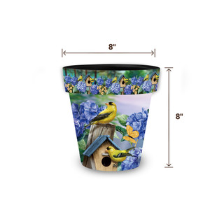 Goldfinches and Hydrangea Small Planter, 8" tall and wide, colorful birds and blue flowers design.