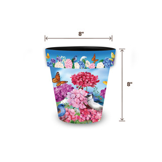 Geraniums in Bloom small planter, 8" tall and wide, colorful floral design with butterflies and bird.