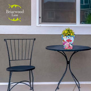 Briarwood Lane small black metal table and chair with colorful Geraniums in Bloom planter on top.