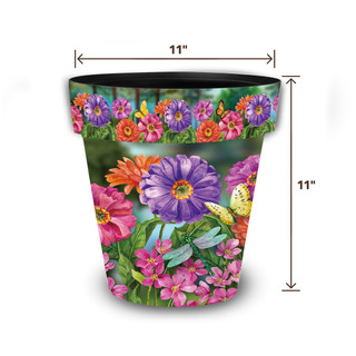 Zinnias in Bloom medium planter with colorful floral design, 11 inches tall and wide, vibrant purple flowers.