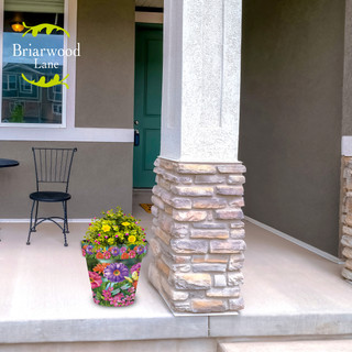 Zinnias in Bloom medium planter with colorful flowers on a house porch, vibrant pink, yellow, purple hues.