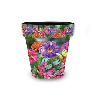 Zinnias in Bloom small colorful planter with purple, pink, orange flowers and green leaves design.