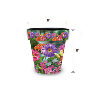 Zinnias in Bloom Small Planter, colorful floral design, 8 inches tall and wide, vibrant pink, purple flowers.