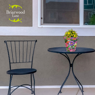 Briarwood Lane small black metal table and chair with Zinnias in Bloom colorful small planter.