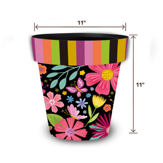 Spring Fling Medium Planter, colorful floral design, 11 inches tall and wide, multicolored stripes.