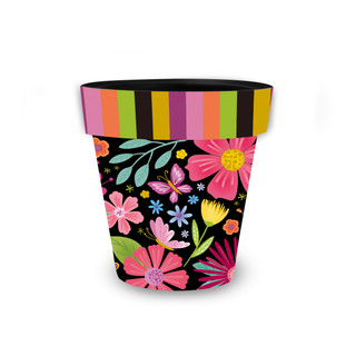 Spring Fling Small Planter with colorful floral design on black background and multicolored rim.