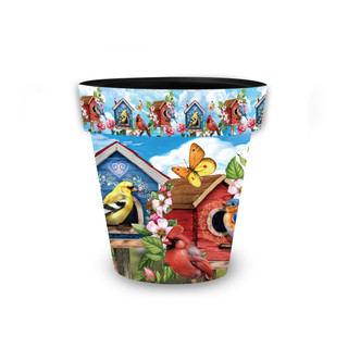 Small Floral Birdhouses planter with colorful birds, butterfly, and birdhouses on a blue background.