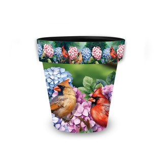 Perched Cardinals Small Planter with vibrant cardinals and hydrangeas on a green background.