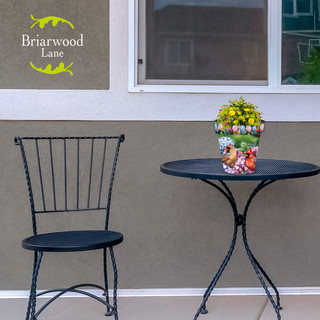 Briarwood Lane small black metal table and chair with colorful Perched Cardinals planter on top.
