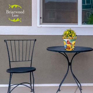 Briarwood Lane Birds in the Garden Small Planter with yellow flowers on a black metal table.