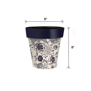 Woodcut Floral Small Planter, 8" tall, 8" wide, white with navy blue floral design and rim.