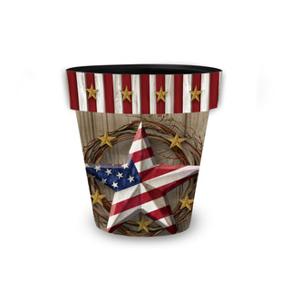 American Barn Star Small Planter, red white blue star design on rustic wood background with gold stars.